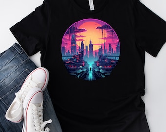 Cyberpunk Themed City T shirt design With Neon Lights    Men/Women