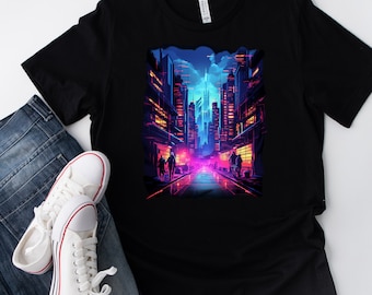 Cyberpunk Themed City T shirt design Number 2 With Neon Lights       Men/Women