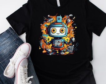 cartoon robot with various gadgets and tools. T shirt design Men/Women