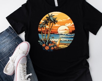 Beach With Palm Trees, Waves, and Beautiful Sunrise  T shirt design Men/Women