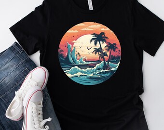 Beach With Palm Trees, Big Waves, and Beautiful Sunrise  T shirt design Men/Women