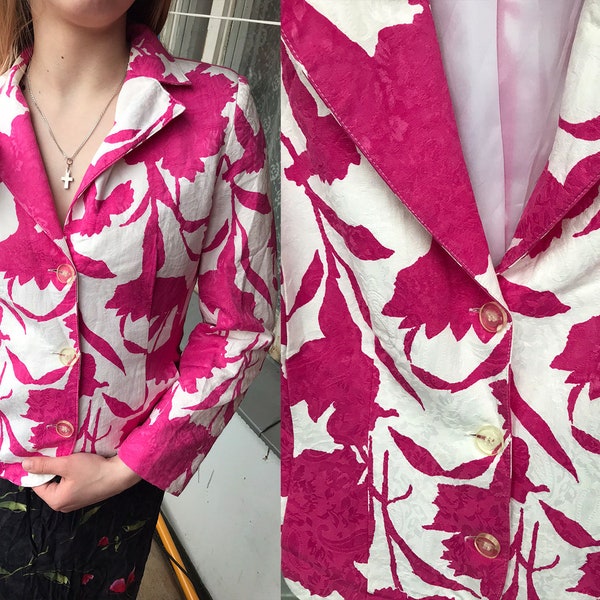 Vintage Funky Retro Attention Grabbing Floral Print Patterned Deep V Neck Cutaway Attention Grabbing Womens Jacket/Coat M Medium 1980s