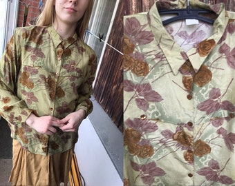 Vintage olive khaki green and brown roses flowers floral straight collared long sleeved blouse button down up M Medium sized 1990s 90spocket