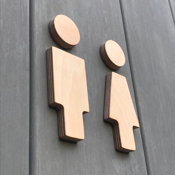 Restroom Sign, Wooden Toilet Sign, Male Female Bathroom Figurines, Oak Wood Signs, Unique WC Design, Toilet Door Plate