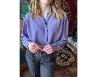 Vintage Silky Satin Oversized Shiny Long sleeved Purple Lily Blouse from 1990s