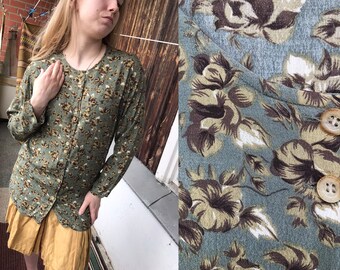 Vintage EBBA JENSEN 1990s 90s M Medium sized olive khaki green open neck long sleeved calm colors floral blouse button up down top tee shirt