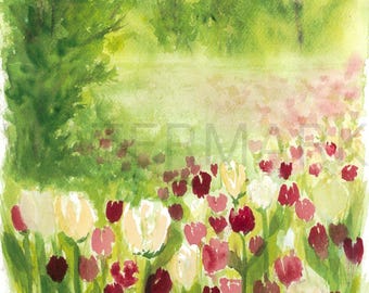 Field of Tulips Landscape Watercolor Print