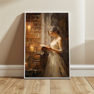 Elegant Woman in Antique Library Digital Print - Framed Vintage Book Art | Dark Academia and Cottagecore Decor for Home