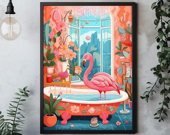 Funny Flamingo in Bathtub Print: Playful Bathroom Wall Art