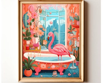 Flamingo in Bathtub Print: Tropical Bathroom Art (Digital Download)