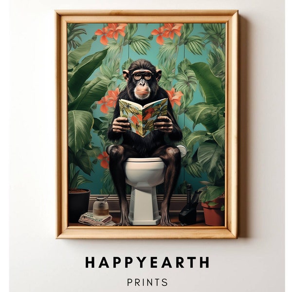 Monkey Reading Newspaper on Toilet Digital Print, Whimsical Tropical Bathroom Art, Fun Maximalist Decor for Kids Bathroom & Nursery Wall Art