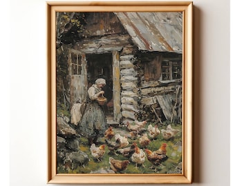 May include: A framed painting of a woman feeding chickens in front of a rustic wooden cabin. The woman is wearing a long dress and a headscarf. The chickens are brown and white and are pecking at the ground. The cabin is made of logs and has a metal roof. The painting is set against a green background.