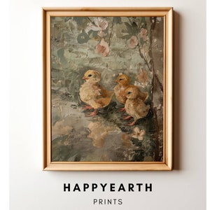Baby Spring Chicks in a Wildflower Field Printable, Bird Painting, Farmhouse Decor, Vintage Nursery Decor, Yellow Bird Art Easter