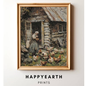 Farmhouse Decor Digital Print: Woman Feeding Chickens Oil Painting - Cottagecore Spring Wall Art | Printable Vintage Art Download
