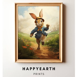 Happy Easter Bunny Running Through a Field, Vintage Spring Printable,  Easter Decor, Easter Art Print, Nursery Decor, Printable wall art