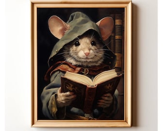 Mouse Reading Book Vintage Oil Painting Print: Farmhouse Nursery Decor (Digital Download)