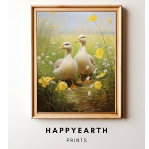 Ducks in Spring in a Field Printable, Bird Painting Art, Farmhouse Decor, Vintage Nursery Decor, Yellow Bird Art Easter