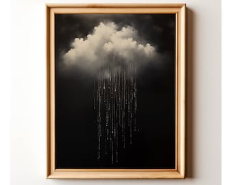 Moody Rain Cloud on Black Background Digital Print - Vintage Dark Academia & Cottagecore Wall Art | Instant Download