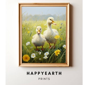 Ducks in Spring in a Field Printable, Bird Painting Wall Art, Farmhouse Decor, Vintage Nursery Decor, Digital Print Instant Download