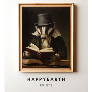 Cute Badger Reading Book Vintage Spring Printable Farmhouse Woodland Animal Decor Easter Art Print Nursery Decor Printable wall art