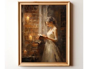 Antique Library Woman Reading Art Print: Dark Academia Decor (Digital Download)
