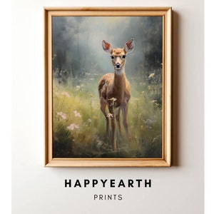 Deer in a Field Printable, Spring Painting, Farmhouse Decor, Vintage Nursery Decor, Wildlife Art Easter