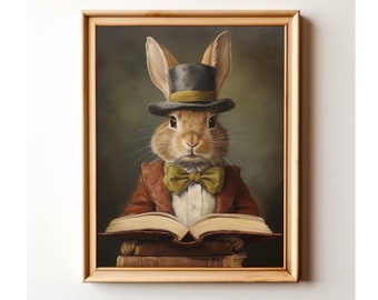 Vintage Easter Bunny Print: Reading Book, Nursery Wall Art (Digital Download)