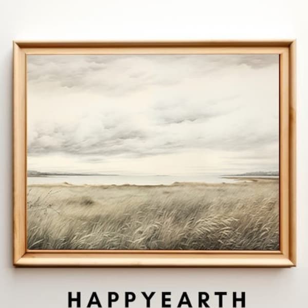 Coastal Grassland Landscape Digital Print - Moody Dark Sky & Vintage Wildflowers Art | Instant Download Wall Decor for Home