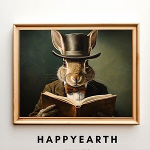 Bunny Reading Digital Print - Vintage Rabbit Painting for Nursery & Spring Decor | Cottagecore Printable Wall Art, Easter Bunny Download