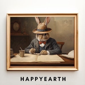 Bunny Writing at Desk Digital Print - Vintage Rabbit Cottagecore Wall Art | Nursery Decor & Spring Easter Bunny Printable Download
