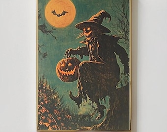May include: A vintage Halloween illustration of a witch with a jack-o'-lantern in a dark forest setting. The witch is wearing a pointed hat and a long, flowing robe. The moon is full and a bat flies overhead.