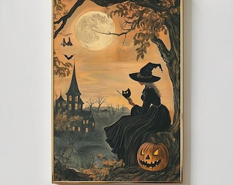 Vintage Witch Halloween Print: Dark Cottagecore Haunted House (Digital Download)