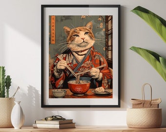 Cat Kimono Ramen Print: Whimsical Japanese Art