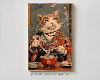 Katze im Kimono Ukiyo-e Noodle Kunstdruck (Digitaler Download)