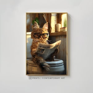 Cat on Toilet Reading Newspaper Digital Print - Quirky & Funny Cat Art | Maximalist Animal Humor for Bathroom Wall Decor