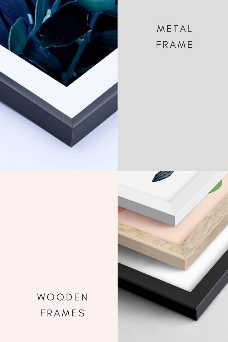 May include: Close-up of a black metal frame with a white mat and a picture of green leaves. The text "METAL FRAME" is visible in the image.  The image also shows a stack of wooden frames in different colors and sizes. The text "WOODEN FRAMES" is visible in the image.