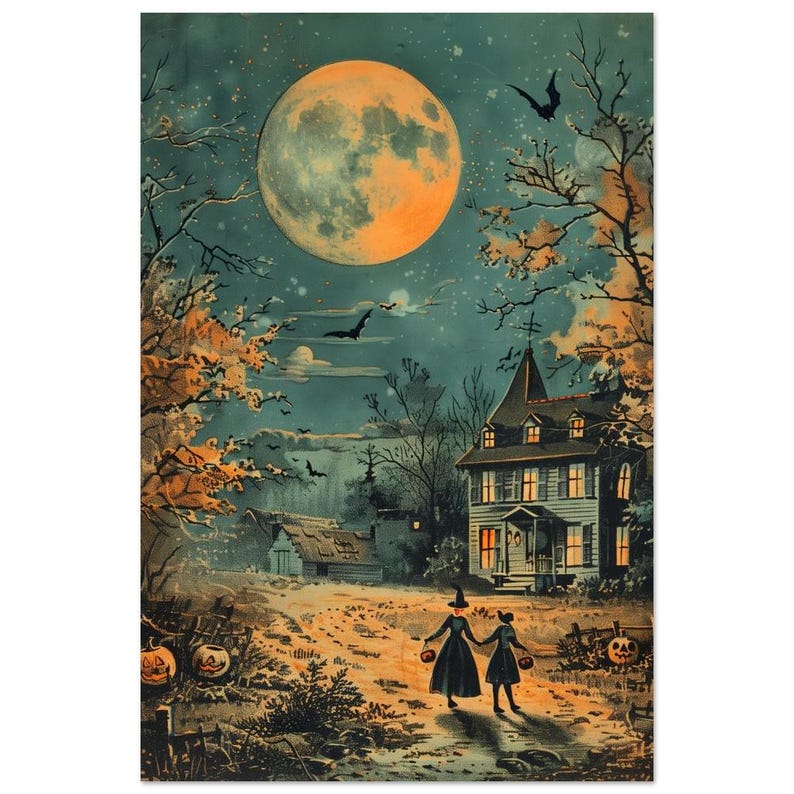 trick or treat halloween scene vintage print