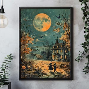 trick or treat halloween scene vintage print