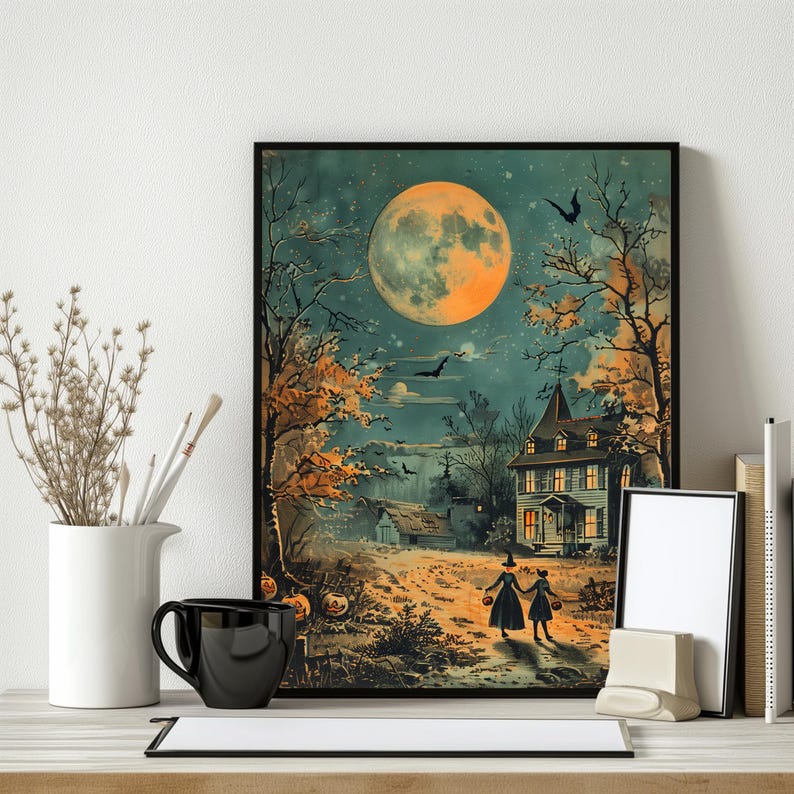 trick or treat halloween scene vintage print