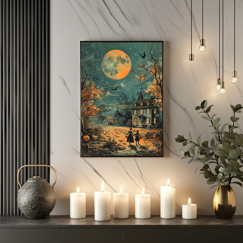 trick or treat halloween scene vintage print