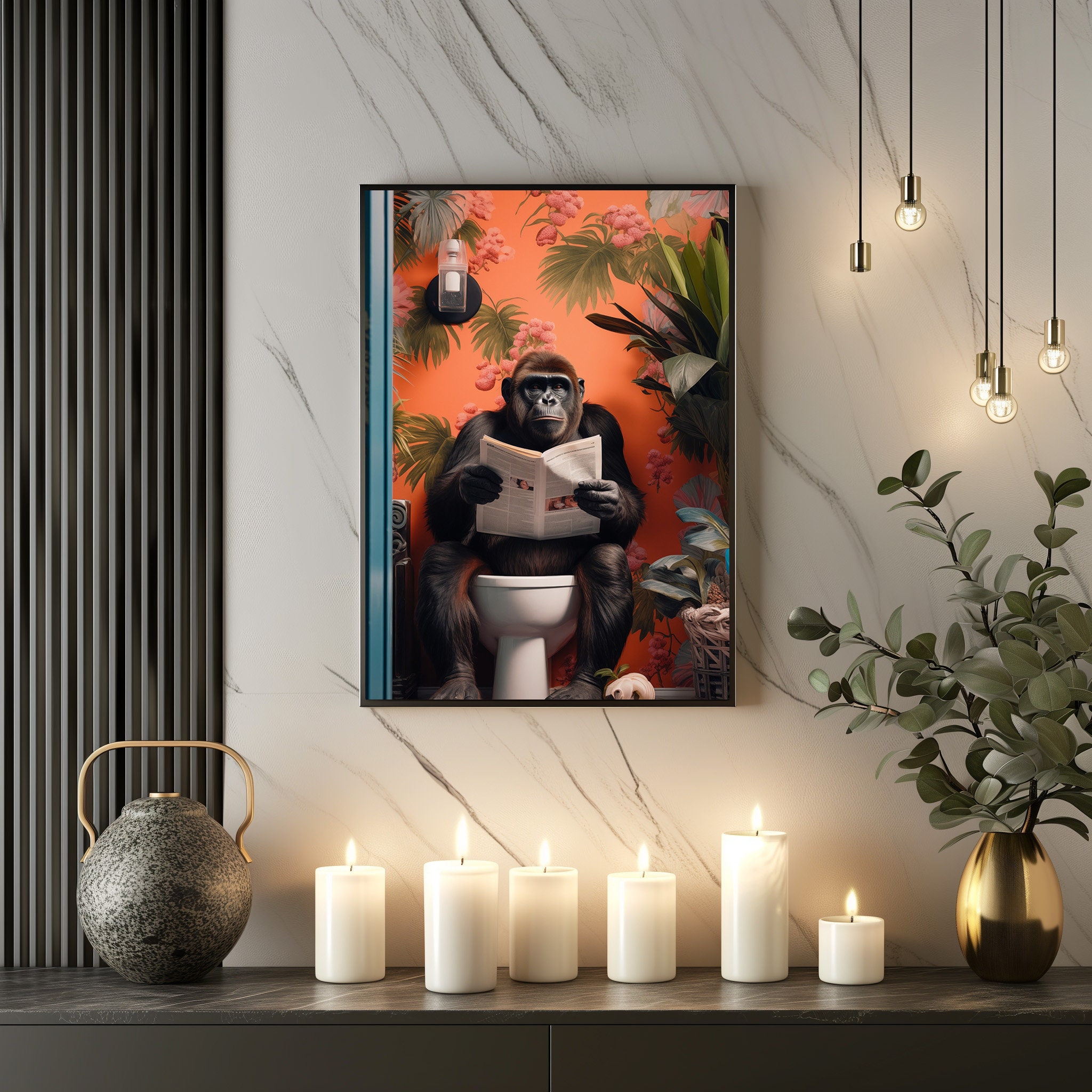 Gorilla Reading Newspaper on Toilet Art Print Funny Animal Bathroom ...