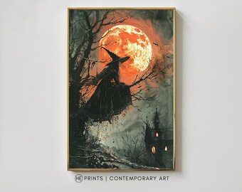 Witch on Broom Art Print: Vintage Halloween Decor (Digital Download)