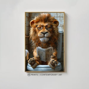 Lion on Toilet Reading Newspaper Digital Print - Quirky & Funny Animal Bathroom Art | Maximalist Wall Decor for Home