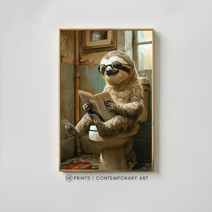 Sloth on Toilet Reading Newspaper Digital Print - Quirky Funny Bathroom Art | Humorous Sloth Wall Decor for Home