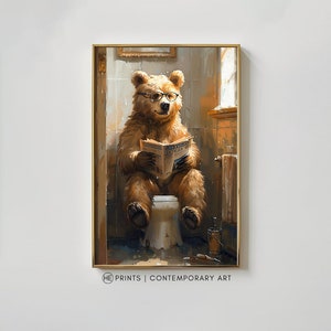 Bear Reading Newspaper on Toilet Digital Print - Quirky & Fun Animal Bathroom Art | Maximalist Wall Decor for Home Humor