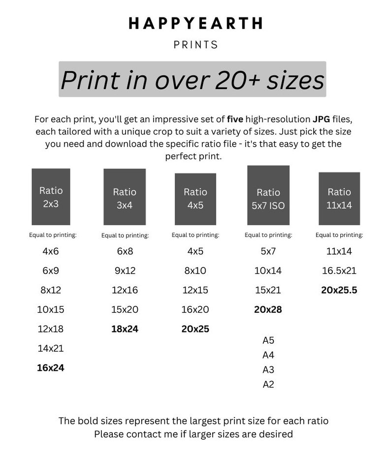 May include: A chart showing different print sizes available for various aspect ratios. The chart lists the ratio, such as 2x3, 3x4, 4x5, 5x7 ISO, and 11x14, and the corresponding print sizes, such as 4x6, 6x8, 4x5, 5x7, and 11x14. The chart also includes standard paper sizes, such as A5, A4, A3, and A2.