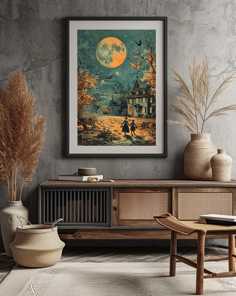 trick or treat halloween scene vintage print