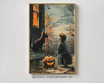 Black Cat Halloween Print: Dark Cottagecore Child Art (Digital Download)
