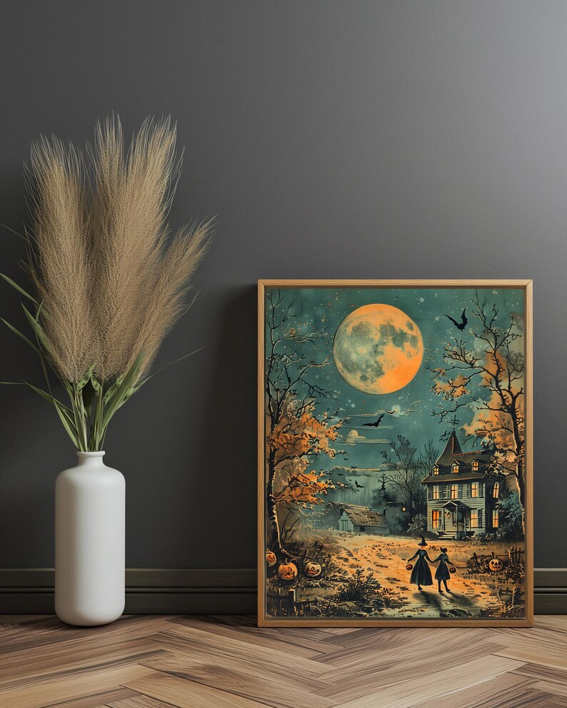 trick or treat halloween scene vintage print