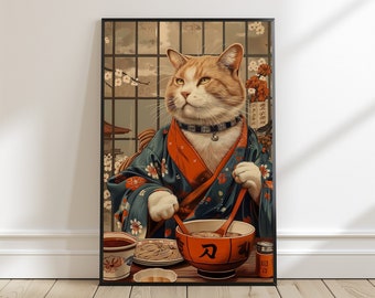 Cat in Kimono Noodle Soup Art Print: Whimsical Japanese Decor (Digital Print)